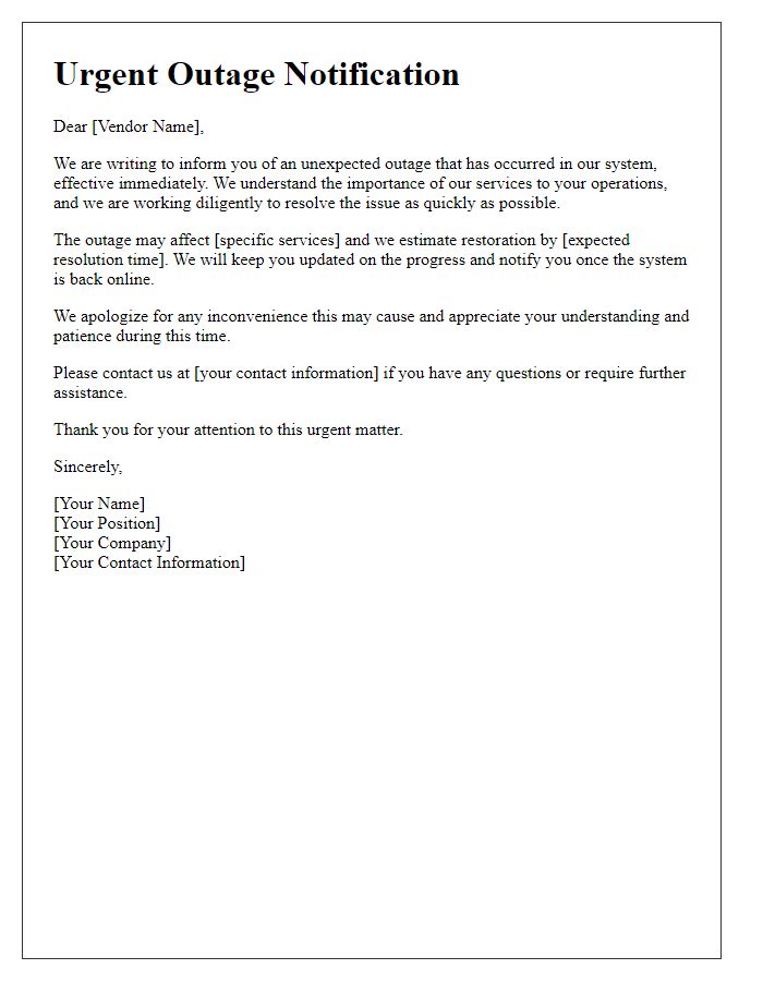 Letter template of urgent outage message for vendors