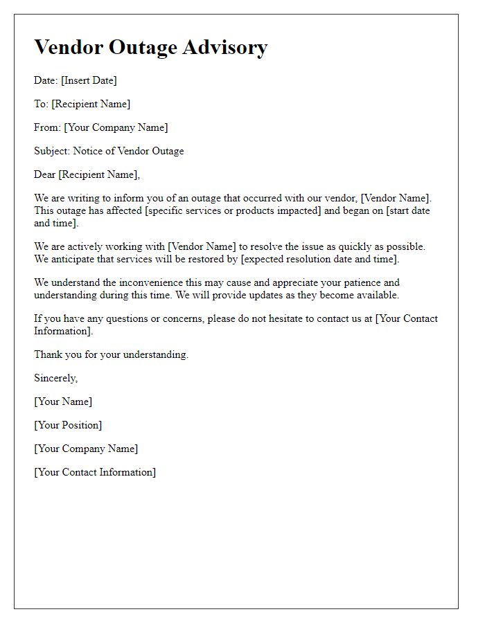 Letter template of vendor outage advisory