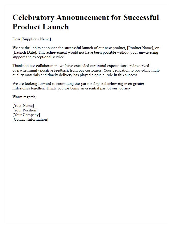 Letter template of celebratory announcement for successful product launch to supplier