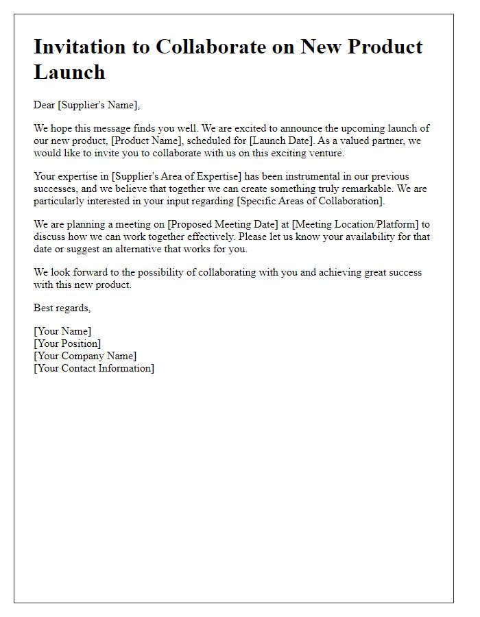 Letter template of collaboration invitation for new product launch to supplier