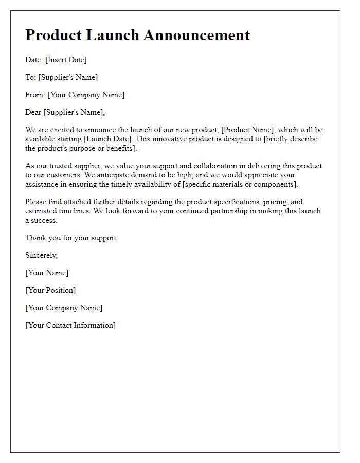 Letter template of product launch announcement to supplier