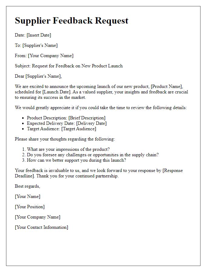 Letter template of supplier feedback request for new product launch