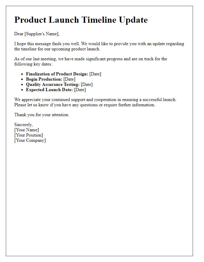 Letter template of update on product launch timeline to supplier