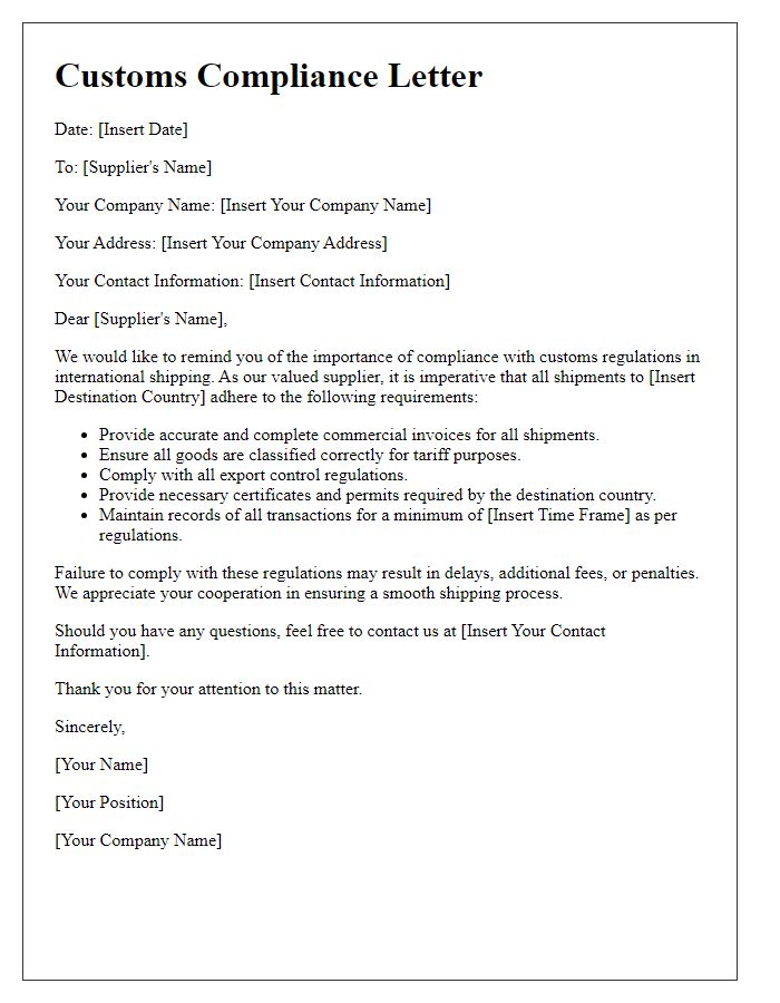 Letter template of customs compliance for international supplier shipping