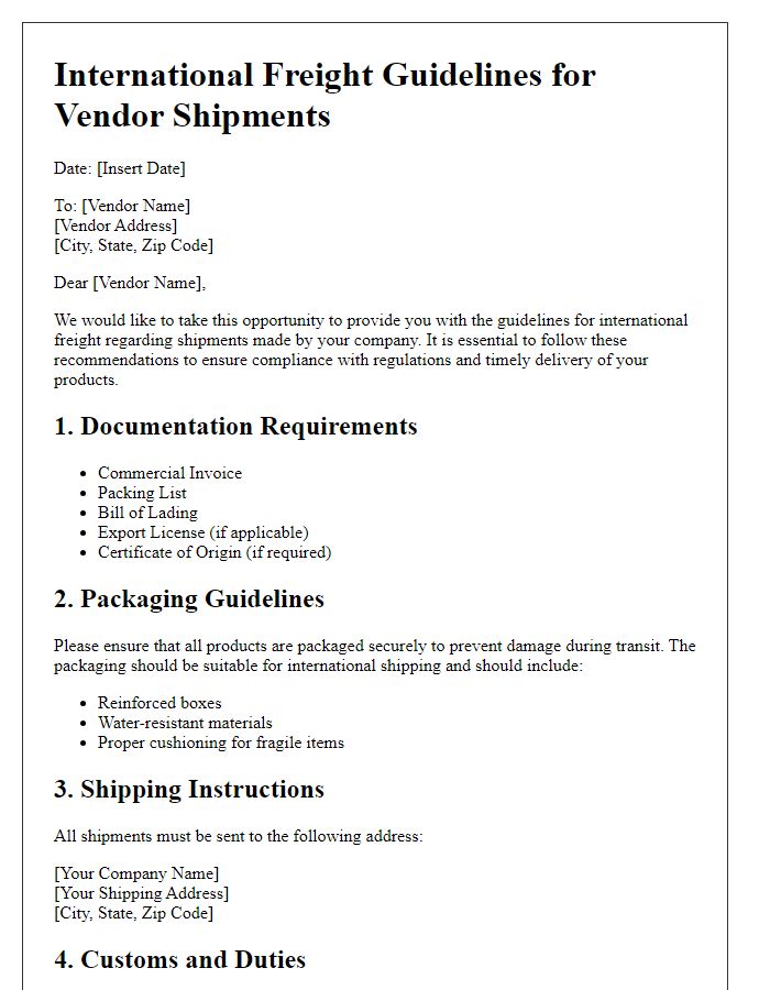 Letter template of international freight guidelines for vendor shipments