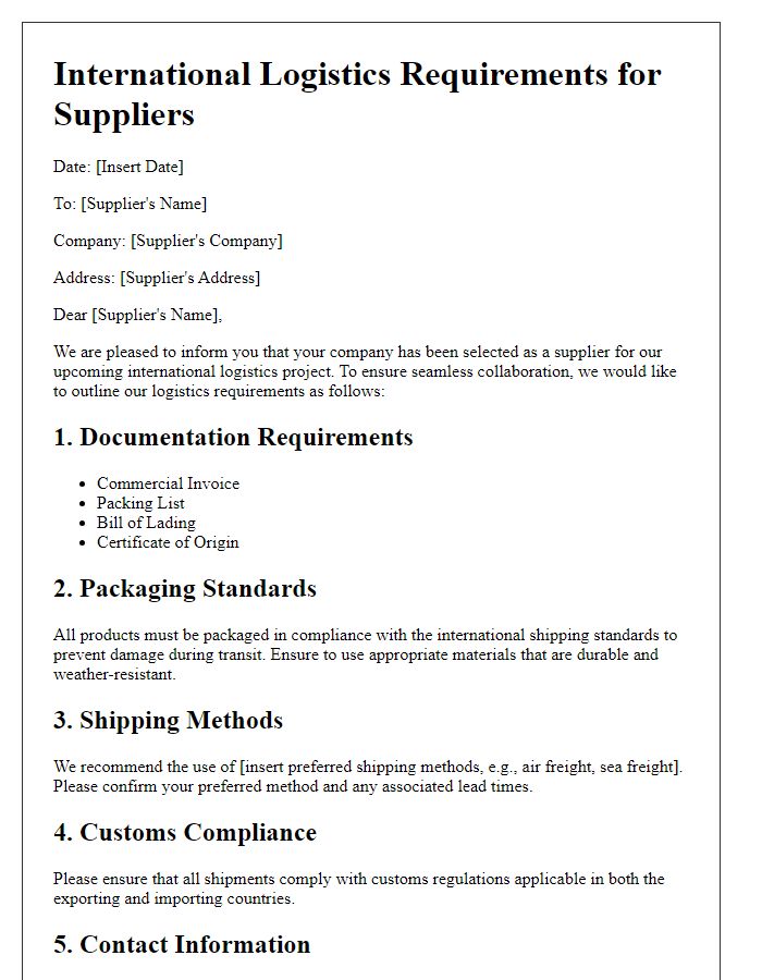 Letter template of international logistics requirements for suppliers