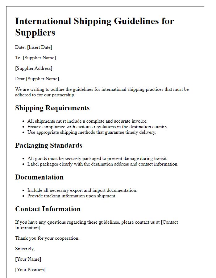 Letter template of international shipping guidelines for suppliers