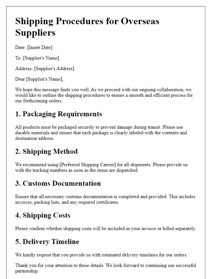 Letter template of overseas supplier shipping procedures