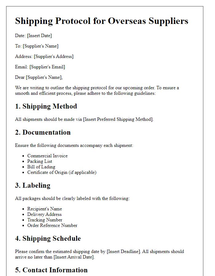 Letter template of shipping protocol for overseas suppliers