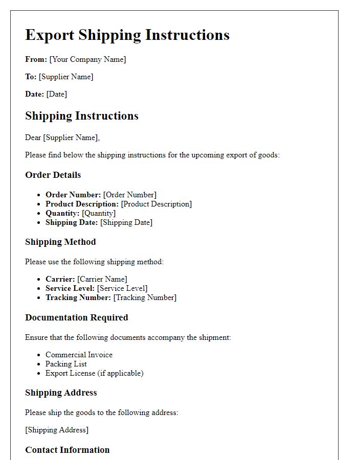 Letter template of supplier export shipping instructions