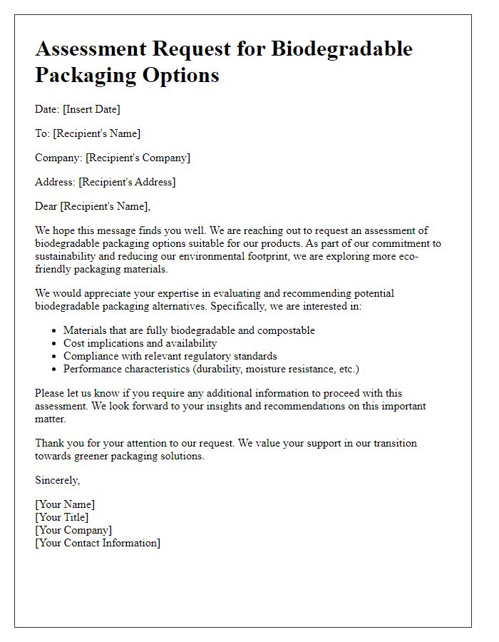 Letter template of assessment request for biodegradable packaging options