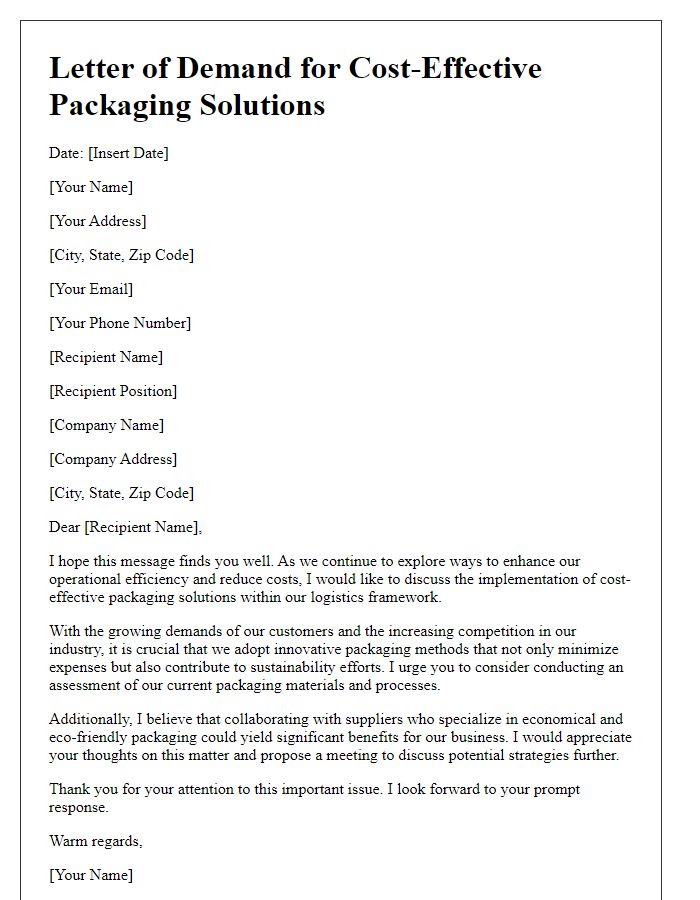 Letter template of demand for cost-effective packaging solutions