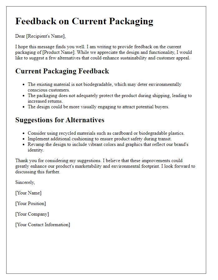 Letter template of feedback on current packaging and suggestions for alternatives