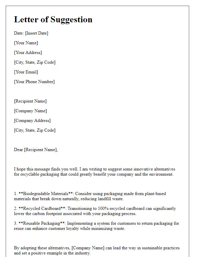 Letter template of suggestion for recyclable packaging alternatives