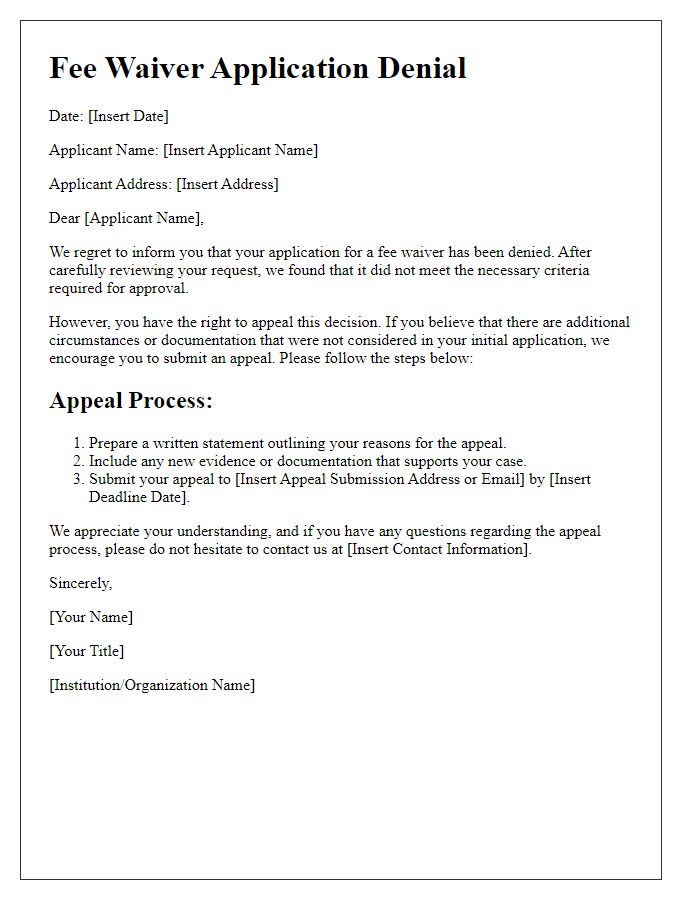 Letter template of fee waiver application denial highlighting appeal options