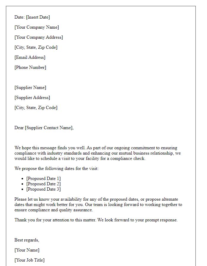 Letter template of Supplier Visit Scheduling Request for Compliance Check