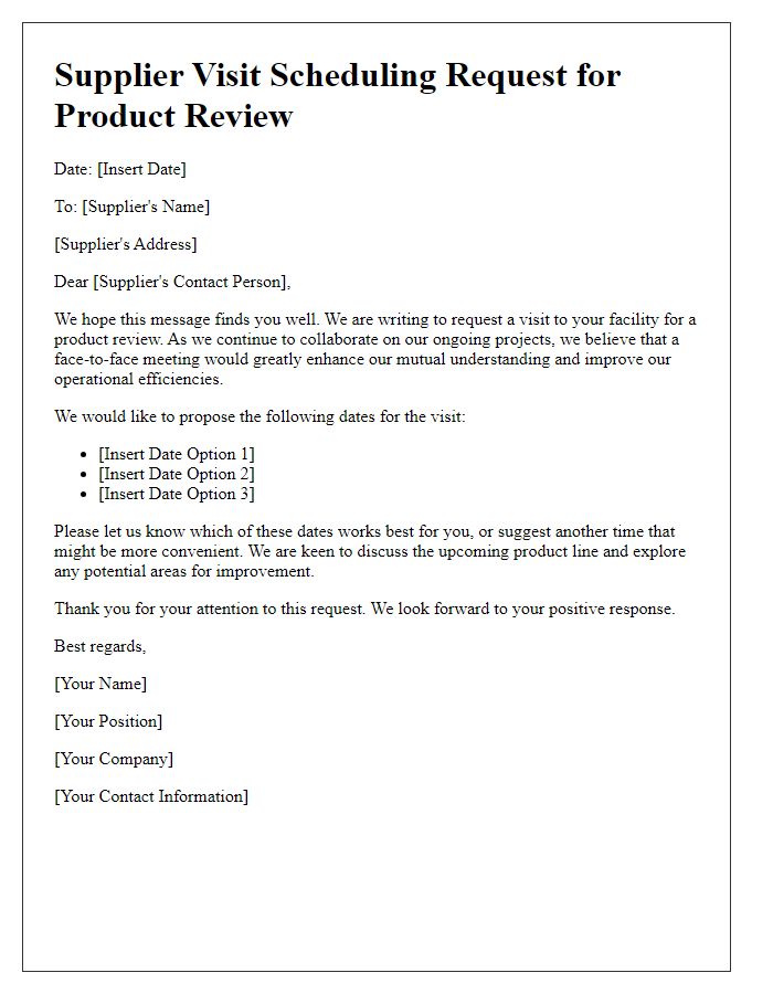 Letter template of Supplier Visit Scheduling Request for Product Review