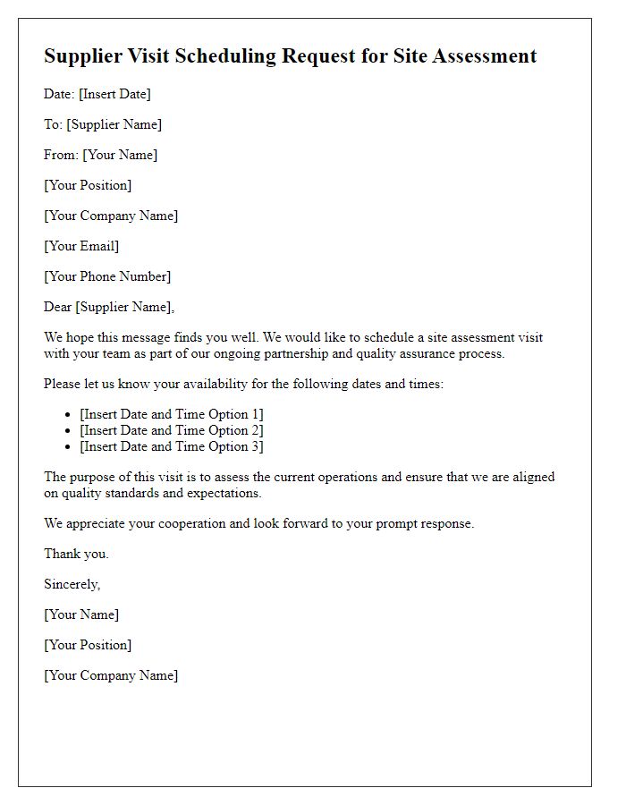 Letter template of Supplier Visit Scheduling Request for Site Assessment