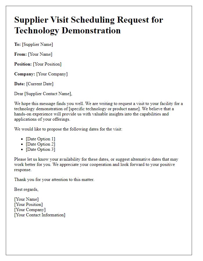 Letter template of Supplier Visit Scheduling Request for Technology Demonstration