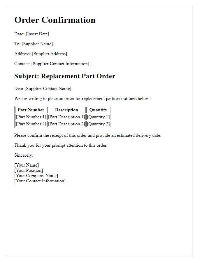 Letter template of bulk supplier replacement part order