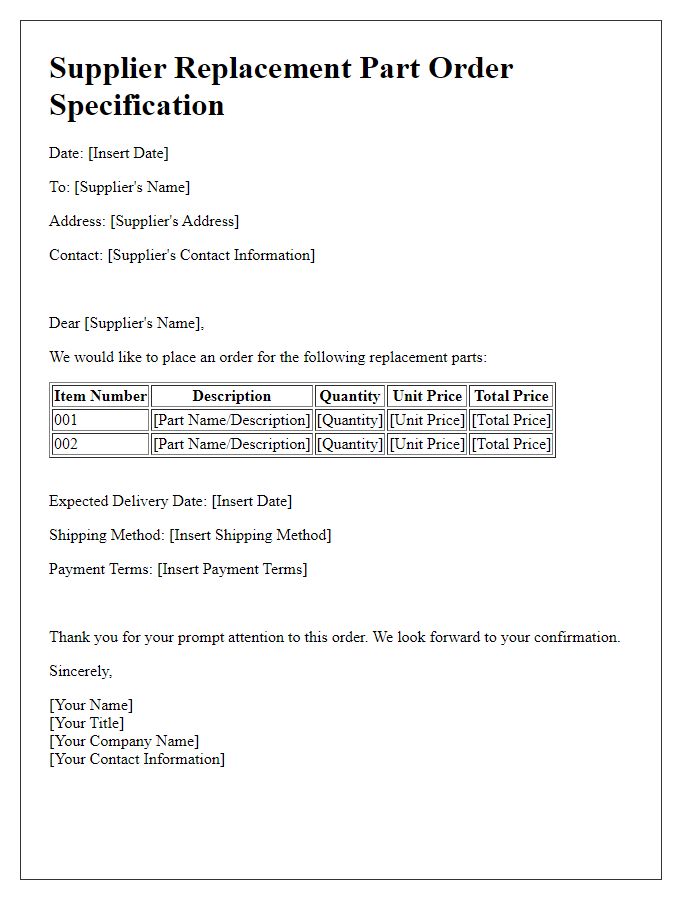 Letter template of detailed supplier replacement part order specification