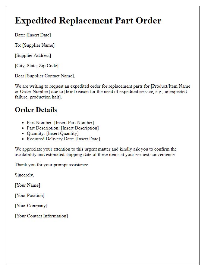 Letter template of expedited supplier replacement part order