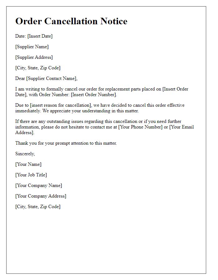 Letter template of supplier replacement part order cancellation