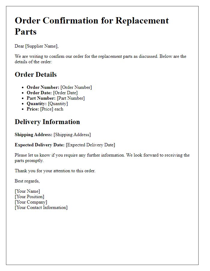 Letter template of supplier replacement part order confirmation