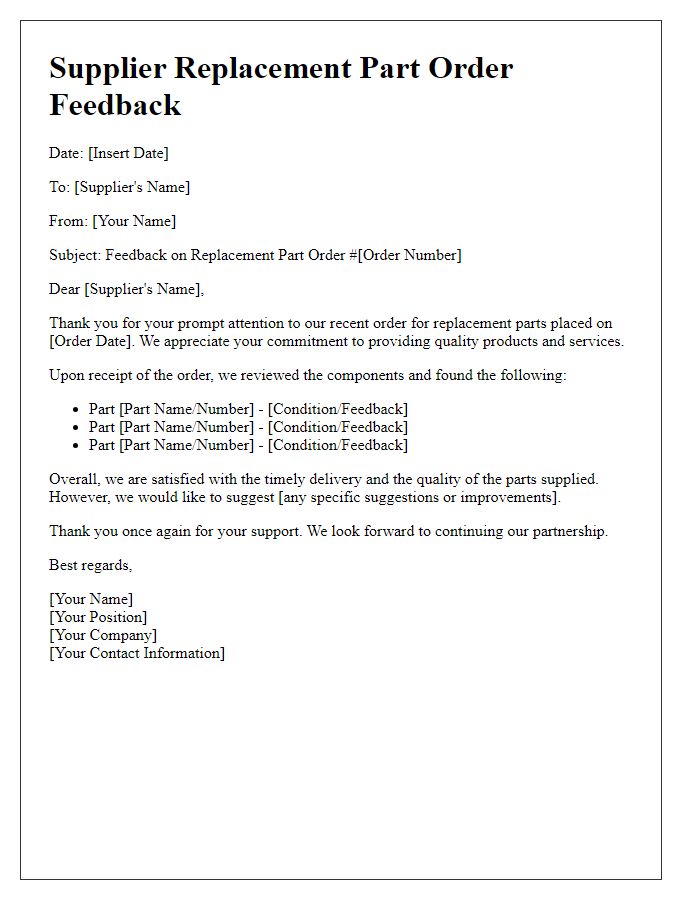 Letter template of supplier replacement part order feedback