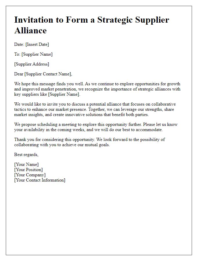 Letter template of supplier alliance invitation for market penetration tactics