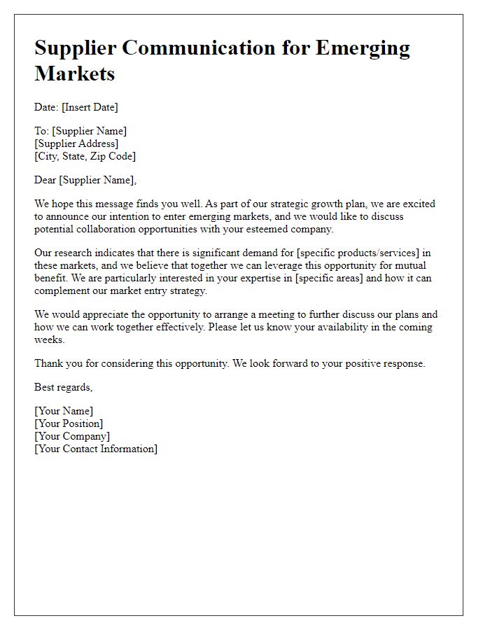 Letter template of supplier communication for entering emerging markets