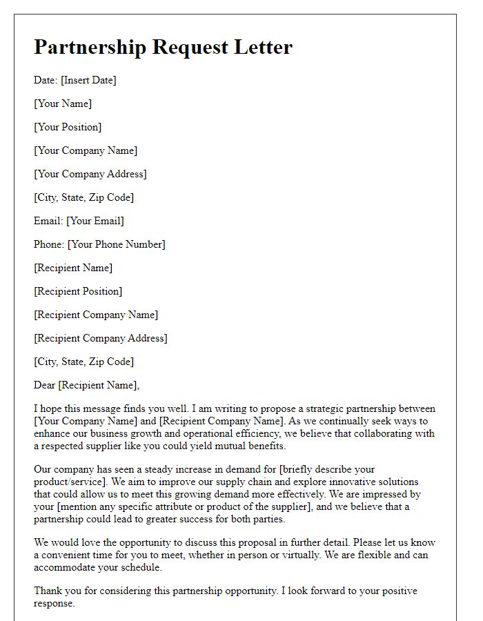 Letter template of supplier partnership request for business growth strategy