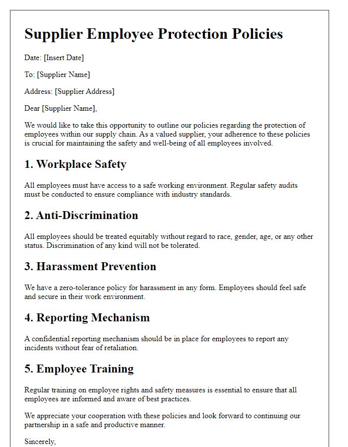 Letter template of supplier employee protection policies.