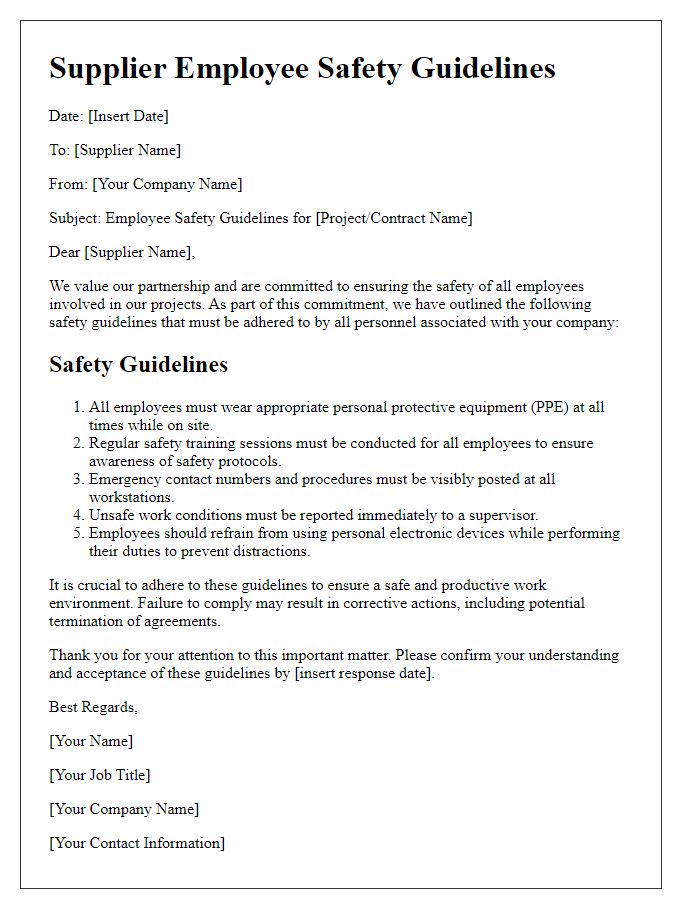 Letter template of supplier employee safety guidelines.