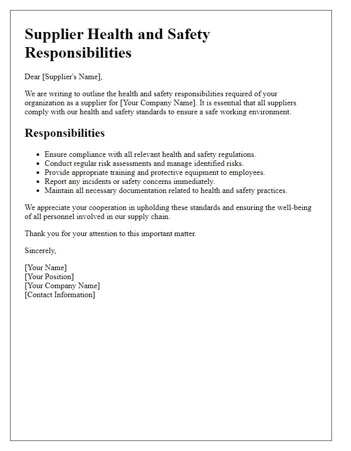 Letter template of supplier health and safety responsibilities.