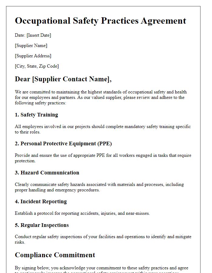 Letter template of supplier occupational safety practices.