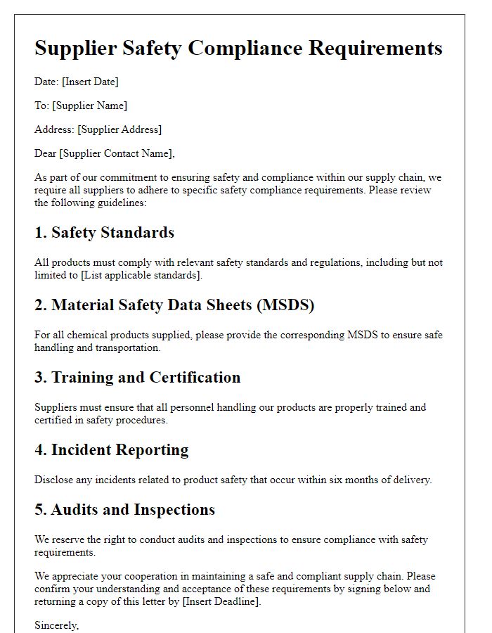 Letter template of supplier safety compliance requirements.