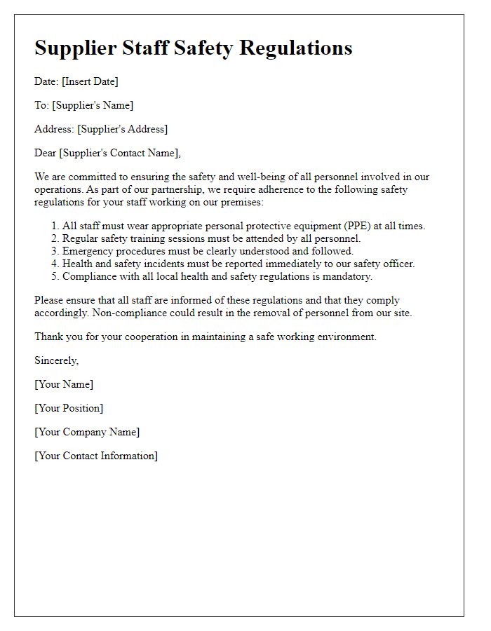 Letter template of supplier staff safety regulations.