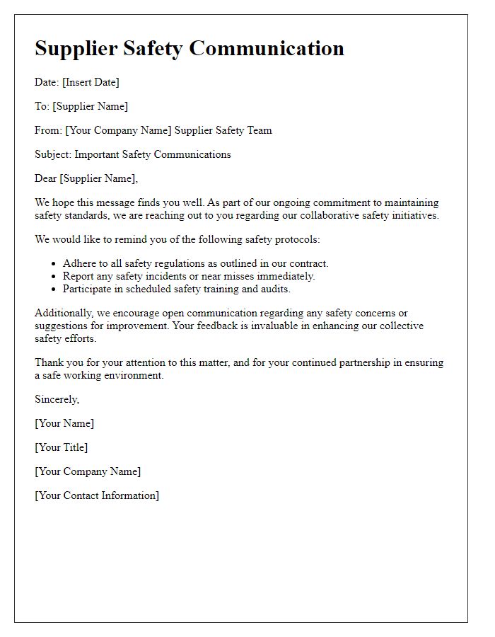 Letter template of supplier team safety communications.