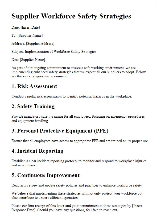 Letter template of supplier workforce safety strategies.