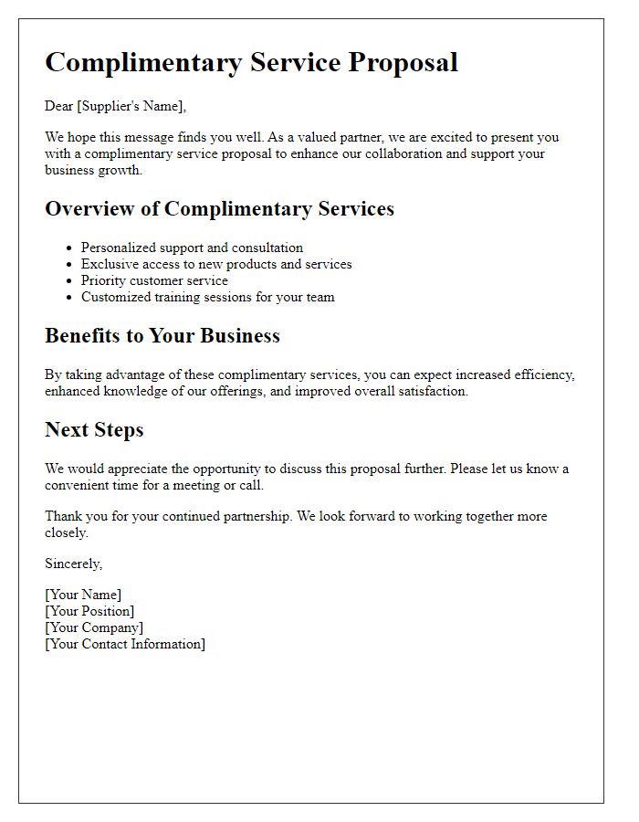 Letter template of complimentary service proposal for key suppliers