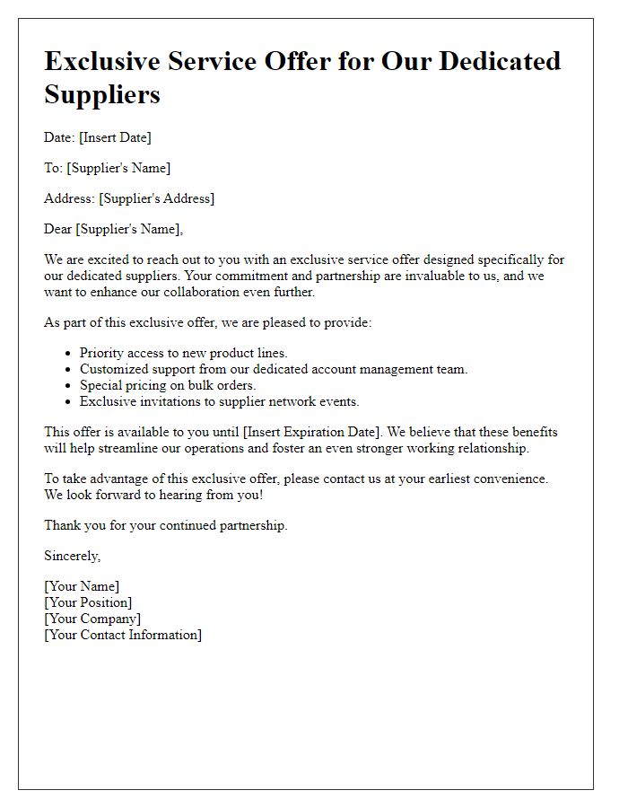 Letter template of exclusive service offer for dedicated suppliers