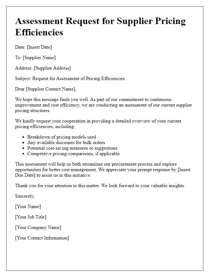 Letter template of assessment request for supplier pricing efficiencies.