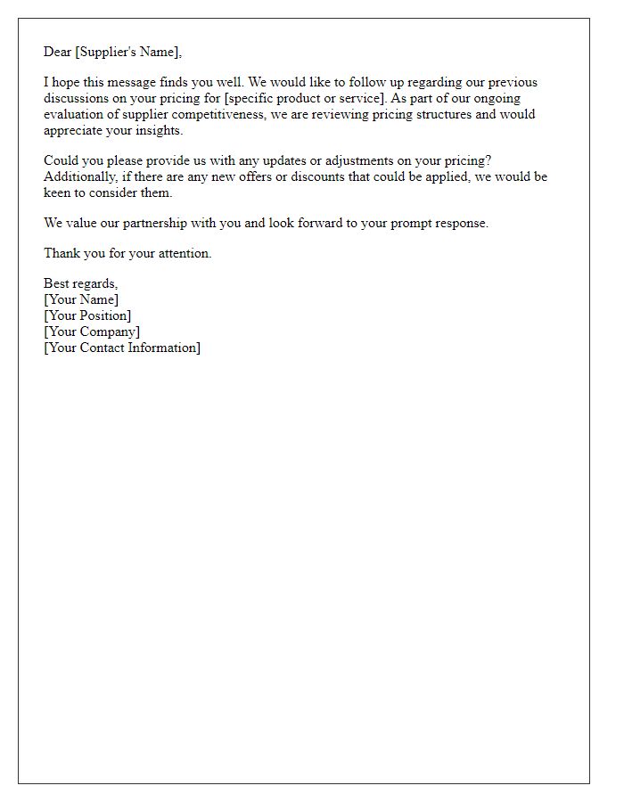 Letter template of follow-up for supplier pricing competitiveness evaluation.