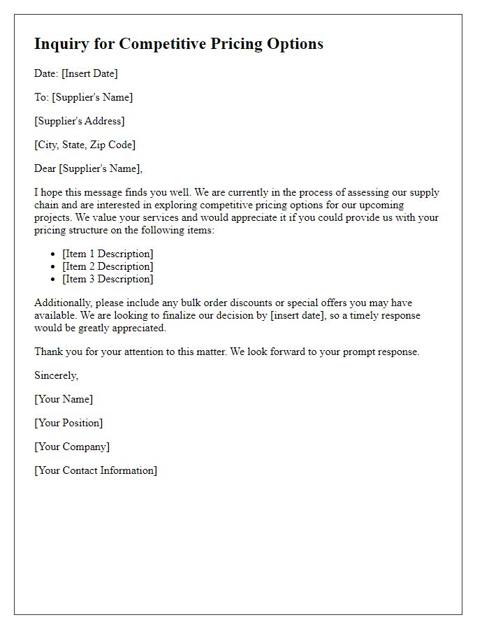 Letter template of inquiry for competitive pricing options from suppliers.