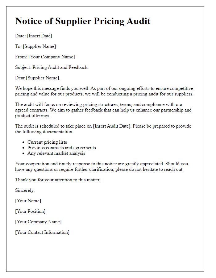 Letter template of notice for supplier pricing audit and feedback.