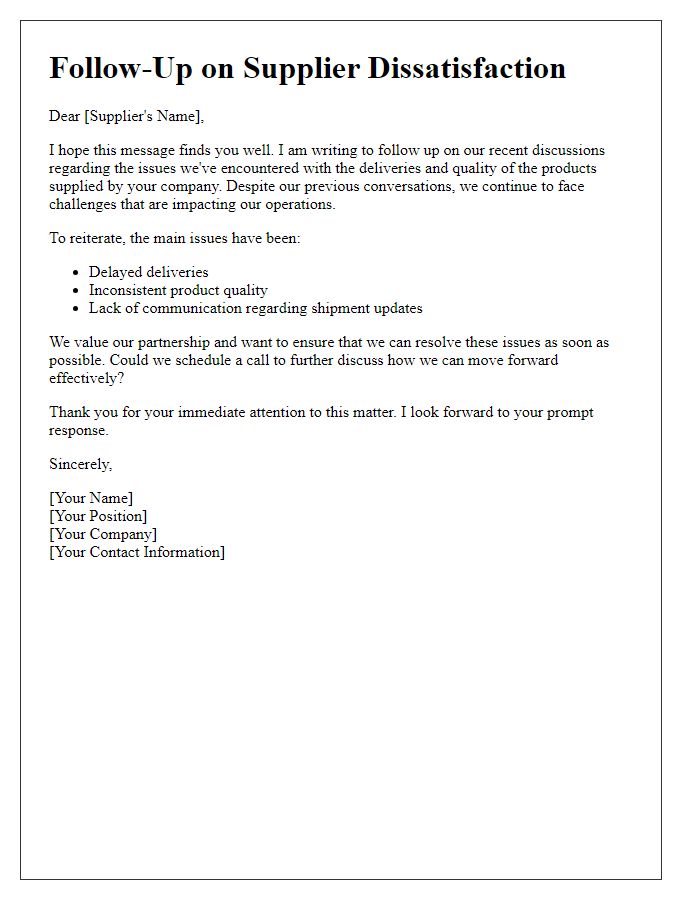 Letter template of supplier dissatisfaction follow-up