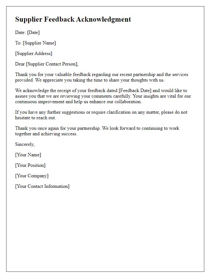 Letter template of supplier feedback acknowledgment