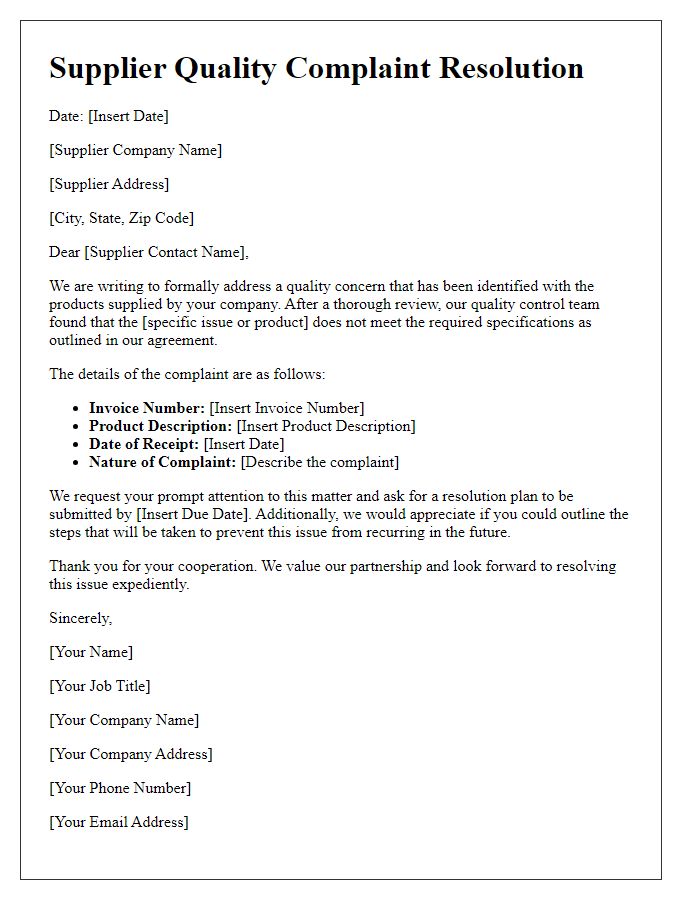 Letter template of supplier quality complaint resolution