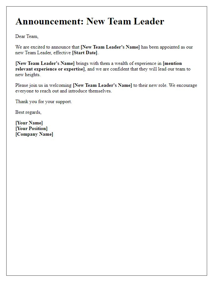 Letter template of announcement for a new team leader.